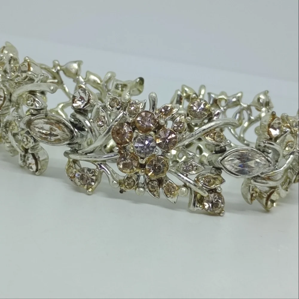 * vintage signed Coro wide clear rhinestones flowers bracelet